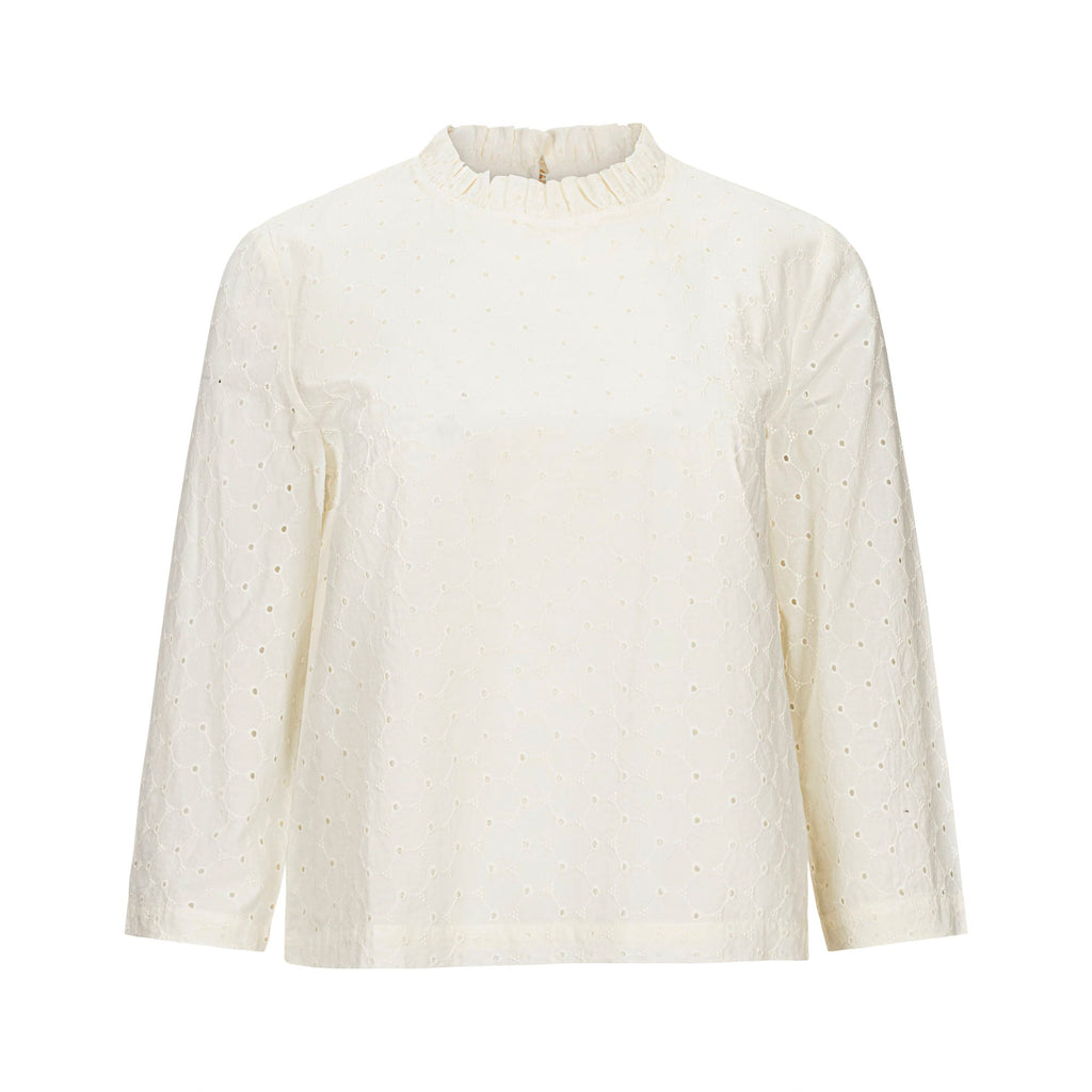 Organic Cotton Eyelet Ruffle-Neck Blouse