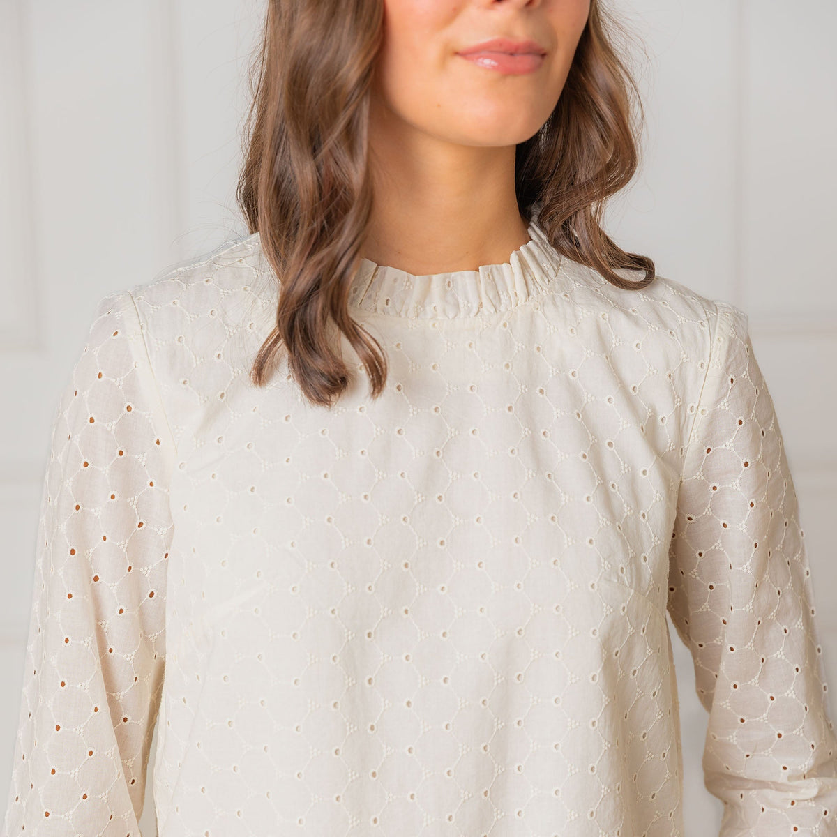Organic Cotton Eyelet Ruffle-Neck Blouse