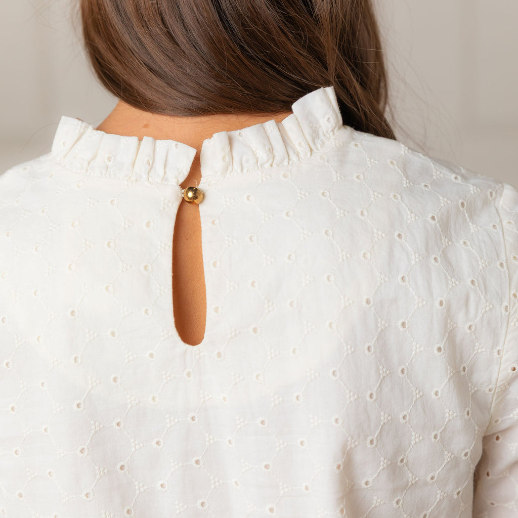 Organic Cotton Eyelet Ruffle-Neck Blouse