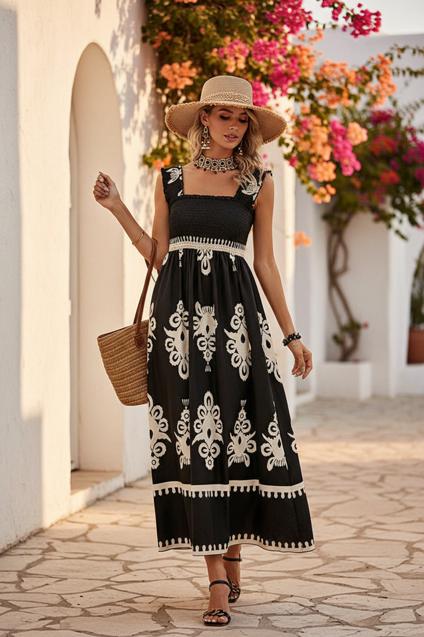 Santorini Printed Hankerchief Maxi Dress