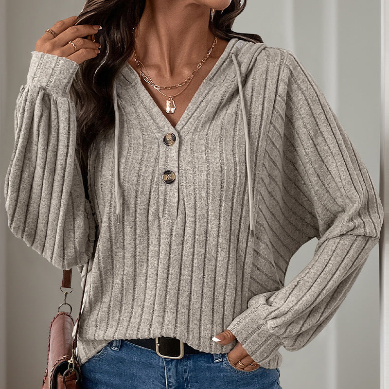 Inner Wear Home Casual Laid Sunken Stripe Hooded Solid Color Sweater Top